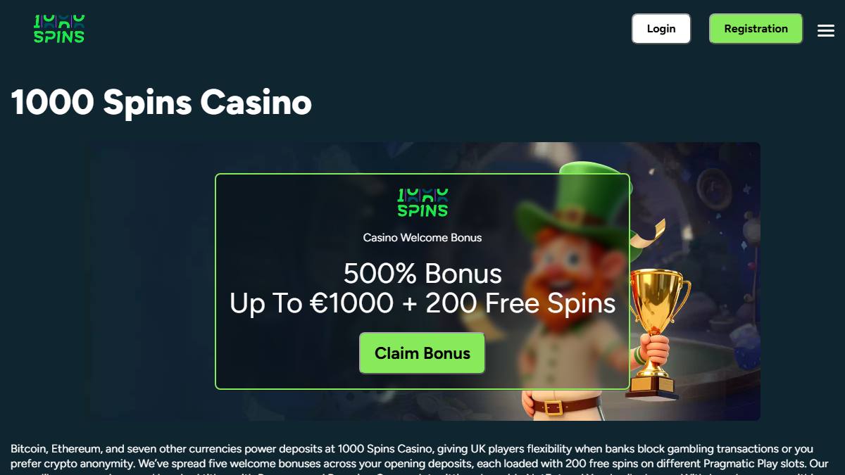 1000 Spins public brand page showing a 500 percent welcome bonus and free spins