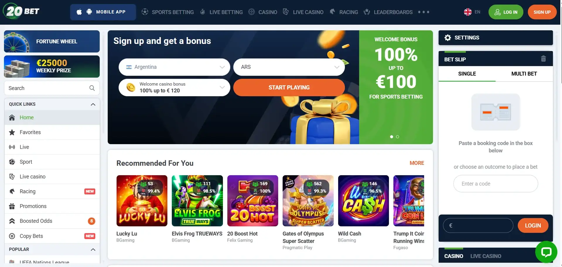20Bets casino and sportsbook homepage