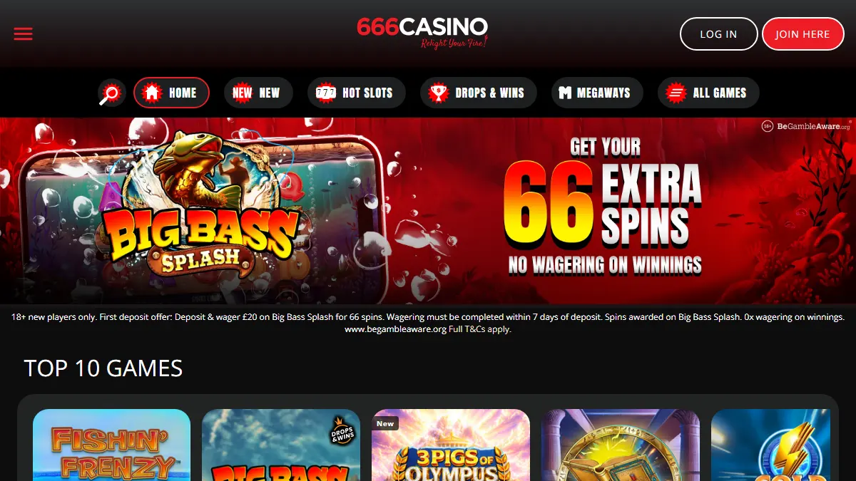 666 Casino homepage showing red navigation, a free-spins promotion and a casino game grid