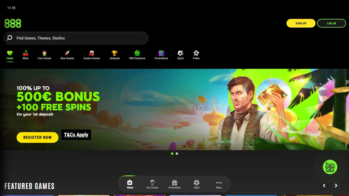888casino homepage showing casino search, game categories and a featured promotion