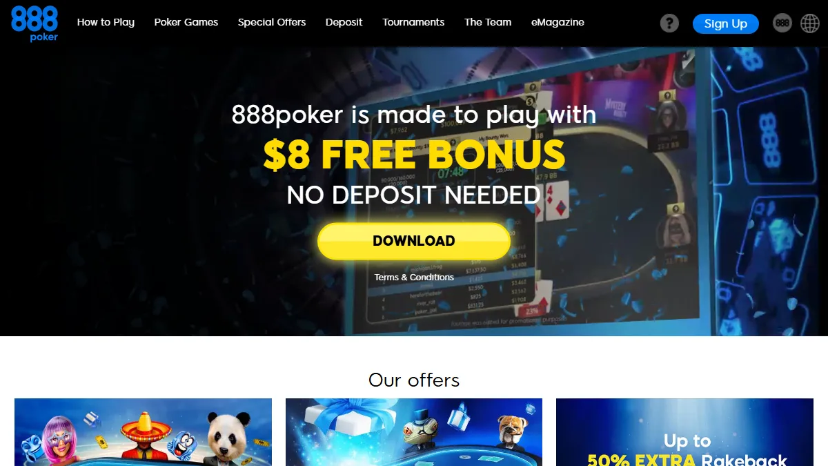 888poker homepage with poker navigation, download action and offer panels