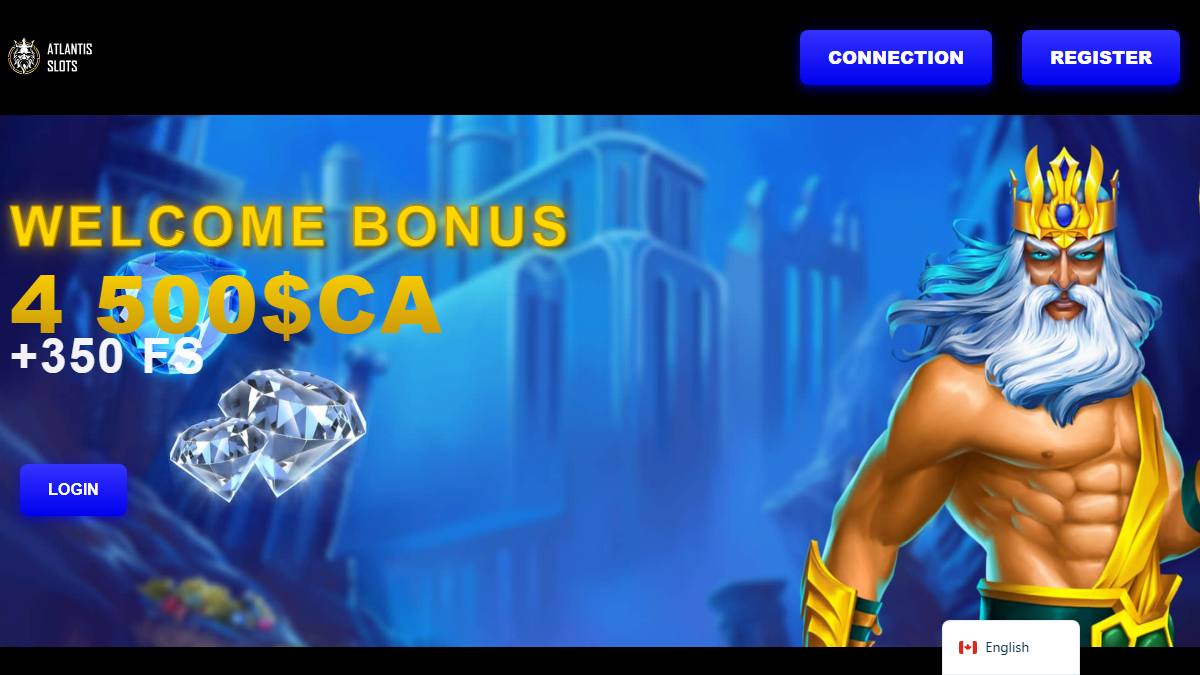 Atlantis Slots homepage showing a welcome bonus and free spins