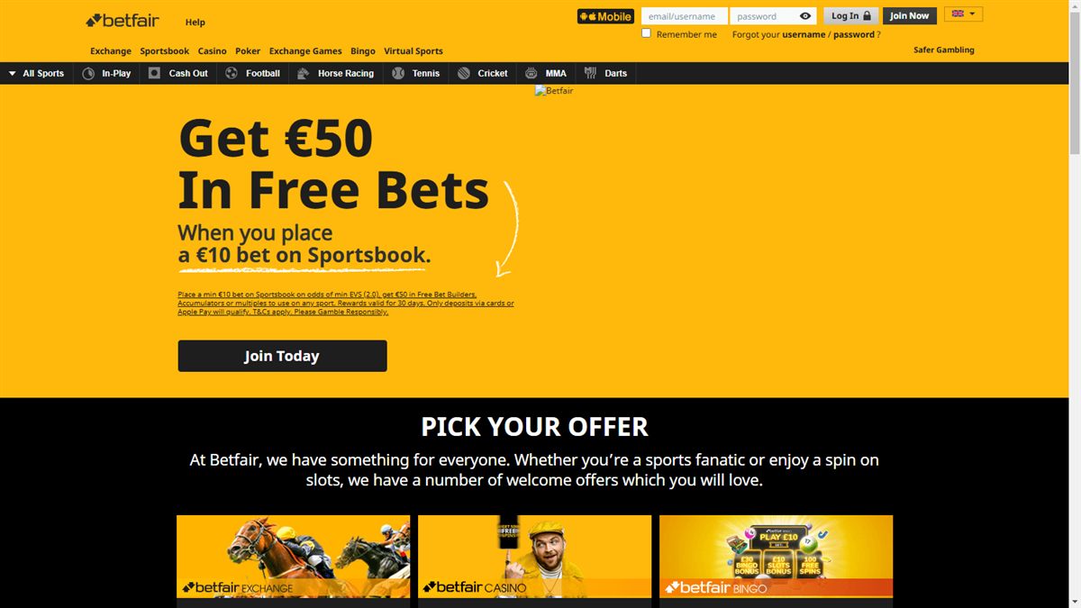 Betfair homepage with yellow branding and separate Exchange, Sportsbook and Casino navigation