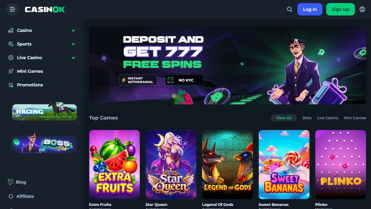 CasinOK homepage with casino categories and game tiles
