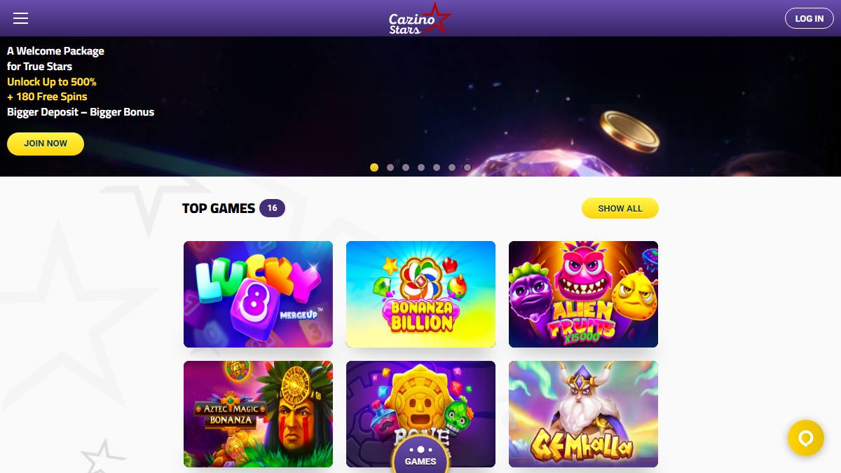 Cazino Stars homepage showing its welcome package and top games