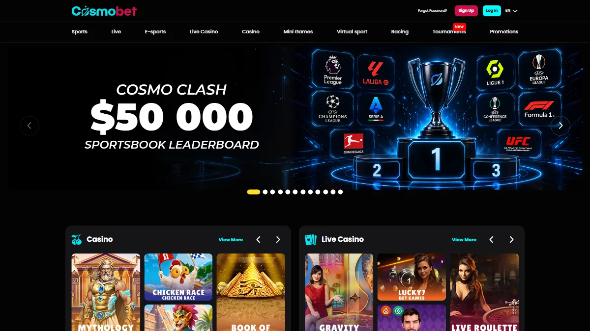 Cosmobet homepage with sportsbook promotion, casino and live-casino panels
