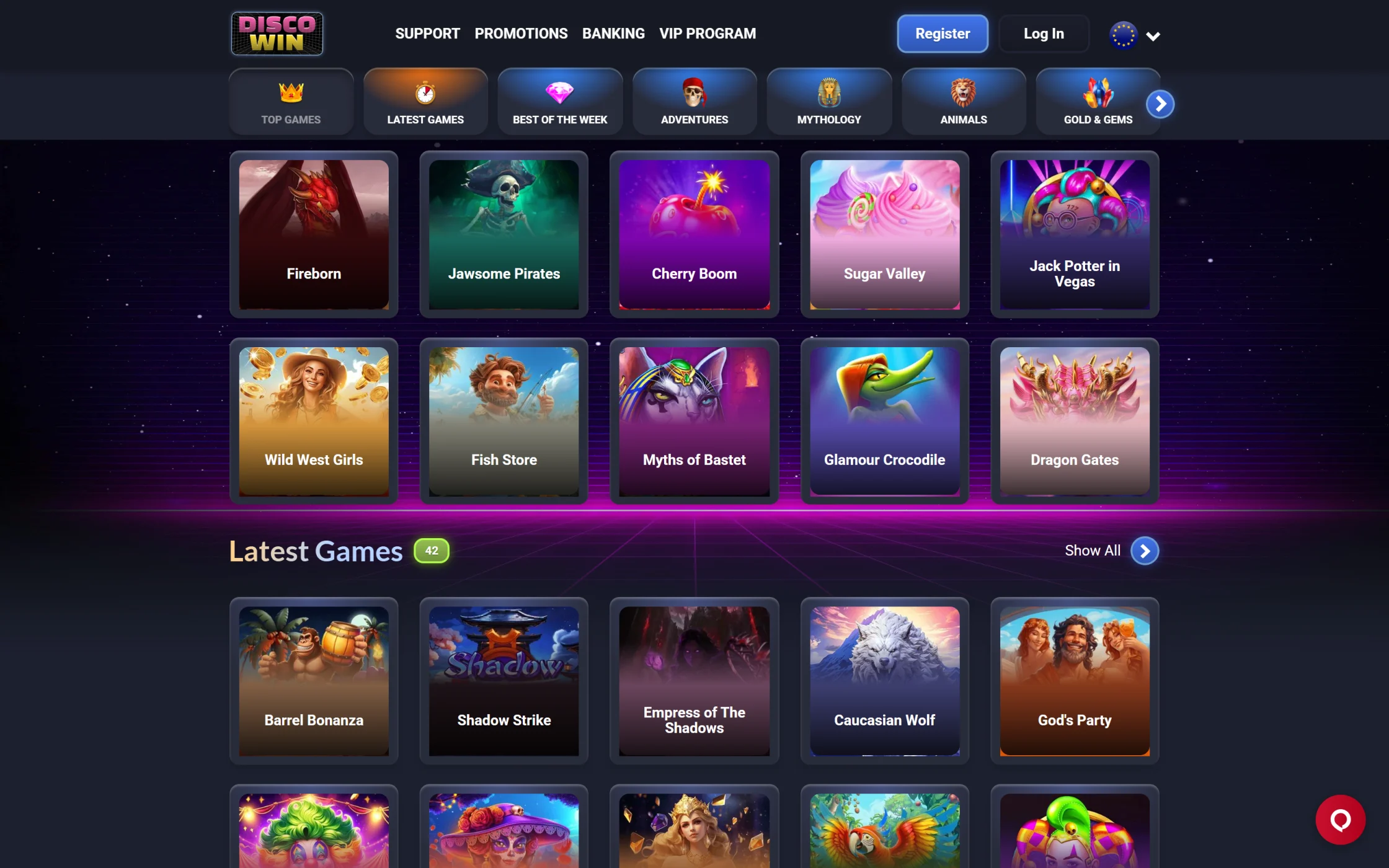 Disco Win desktop lobby on 7 September 2026 showing the category bar, Top Games tiles and the Latest Games row