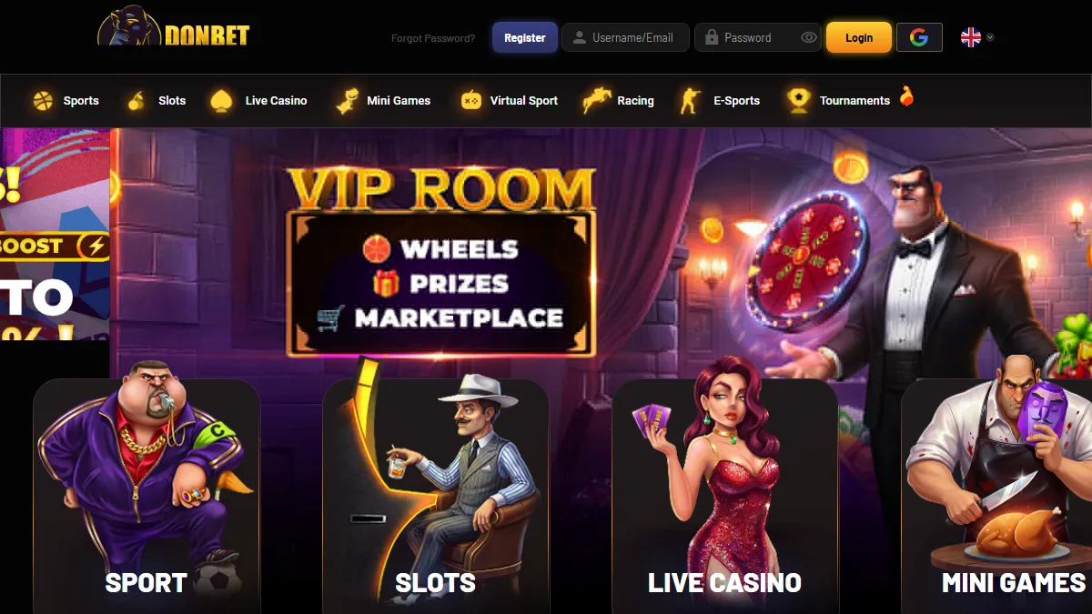 Donbet homepage showing its casino, sport, live casino and mini-game sections