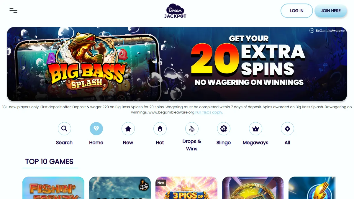 Dream Jackpot homepage with blue promotional panel, round casino category icons and top games
