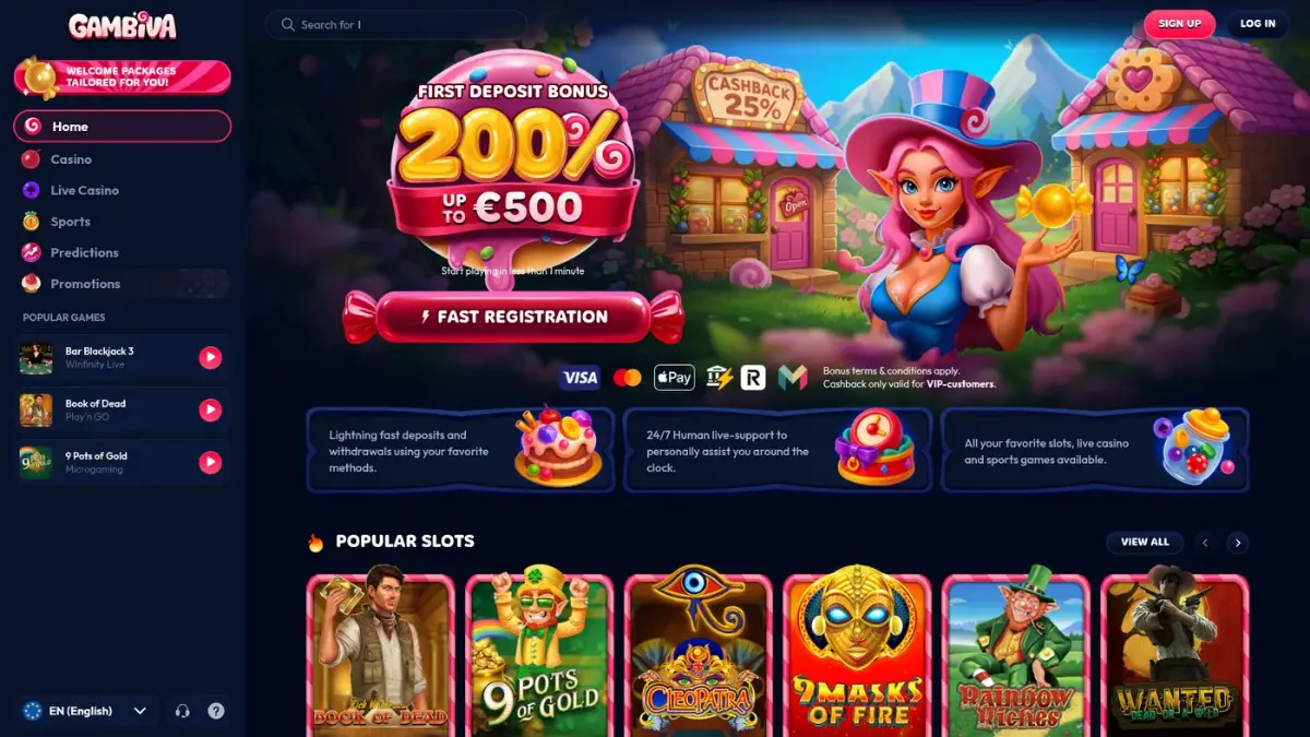 Gambiva homepage showing casino navigation, sportsbook access, a welcome panel and popular slot games