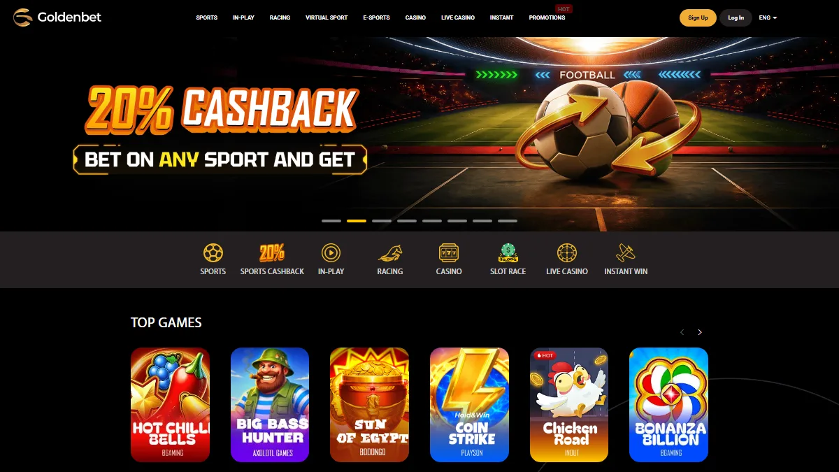 Goldenbet homepage with black and gold navigation, a sports promotion and game tiles