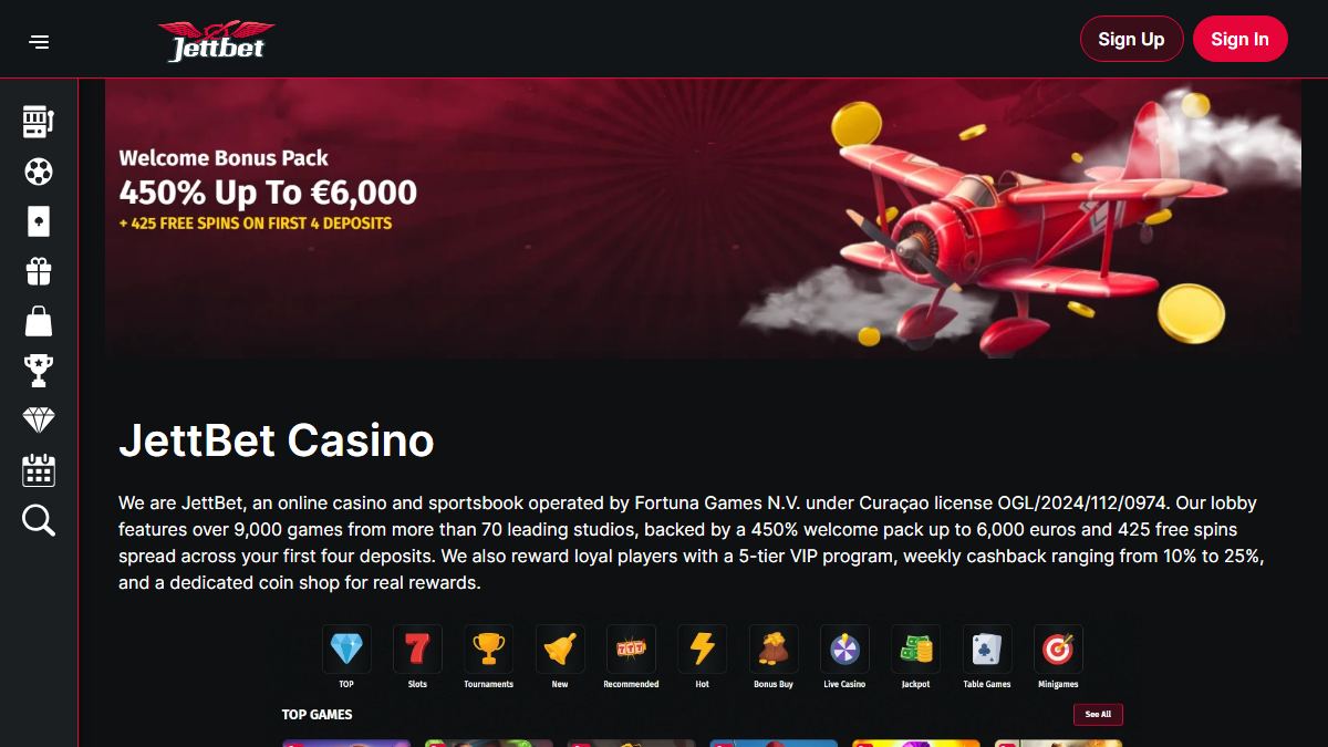 JettBet public casino page captured in September 2026