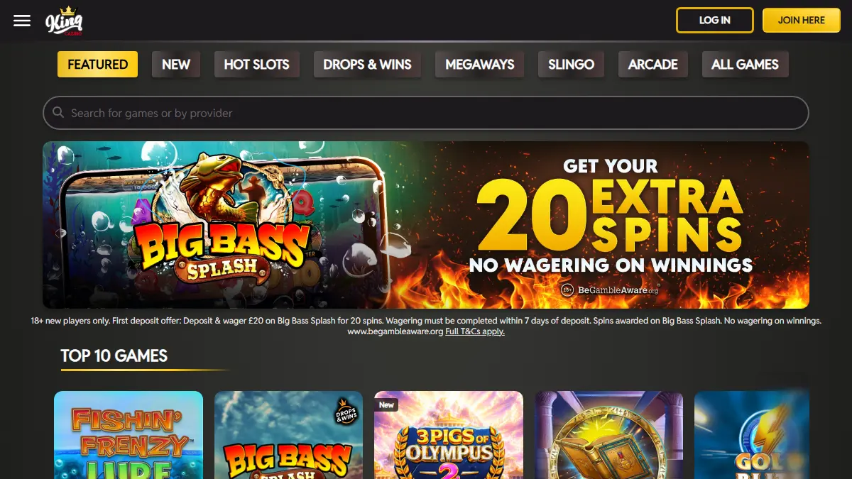 King Casino homepage showing game search, category tabs, a featured promotion and slot tiles