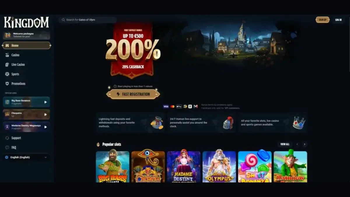 Kingdom Casino homepage showing royal-themed casino navigation, sports access and popular slot games