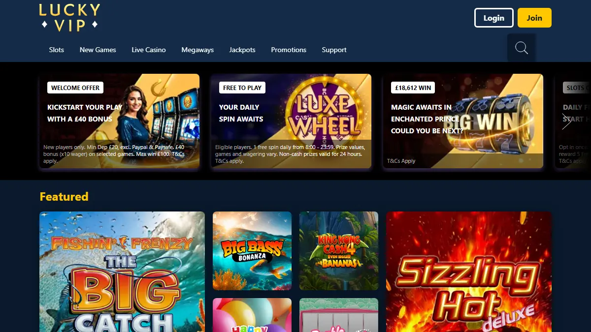Lucky VIP homepage showing slot categories, live casino, promotions and featured games