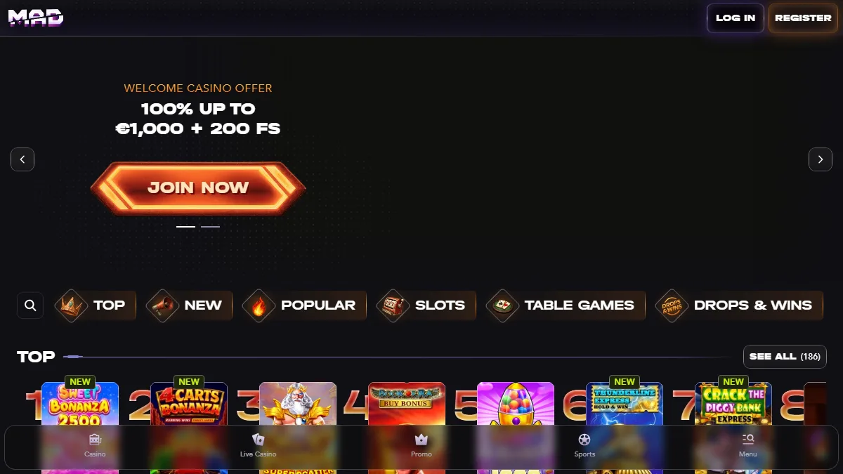 Mad Casino homepage showing casino and sports navigation after the public redirect