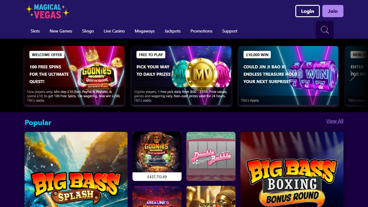 Magical Vegas homepage with purple casino navigation, promotional cards and popular games