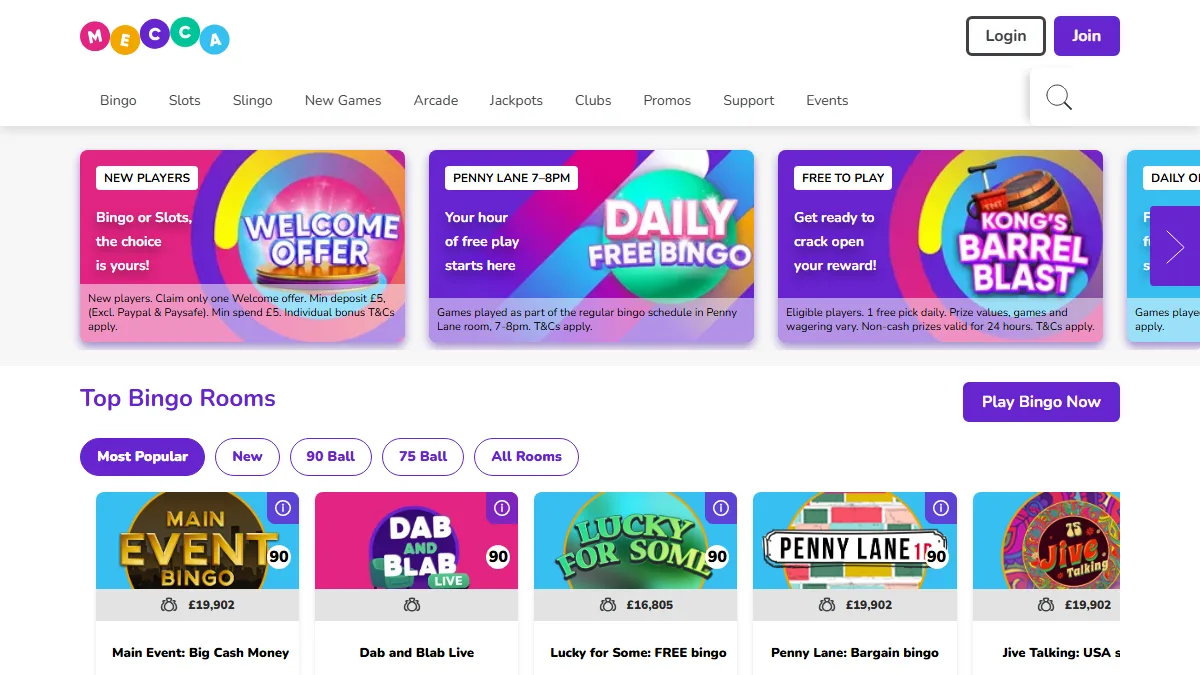 Mecca homepage showing bingo navigation, promotional panels and popular bingo rooms