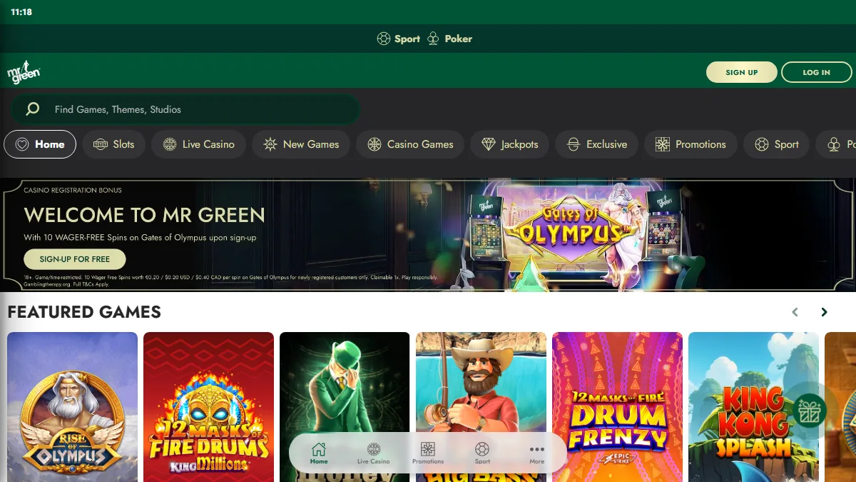 Mr Green homepage showing casino categories, featured games and green branding