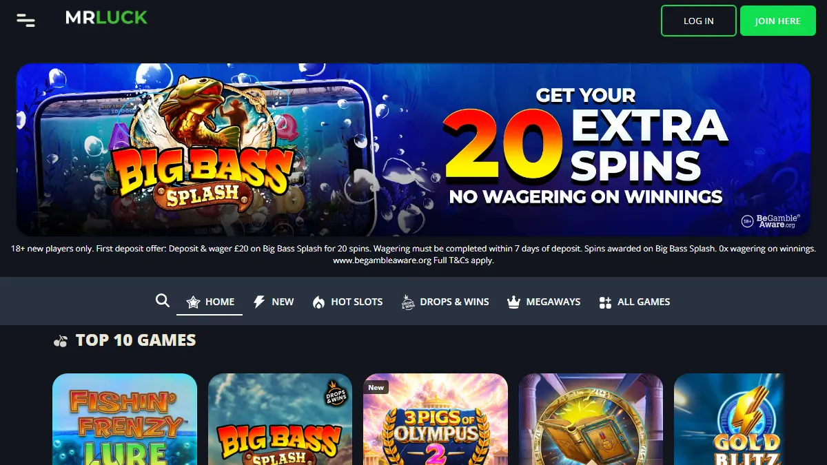 Mr Luck homepage with casino promotion, game categories and a top-games row
