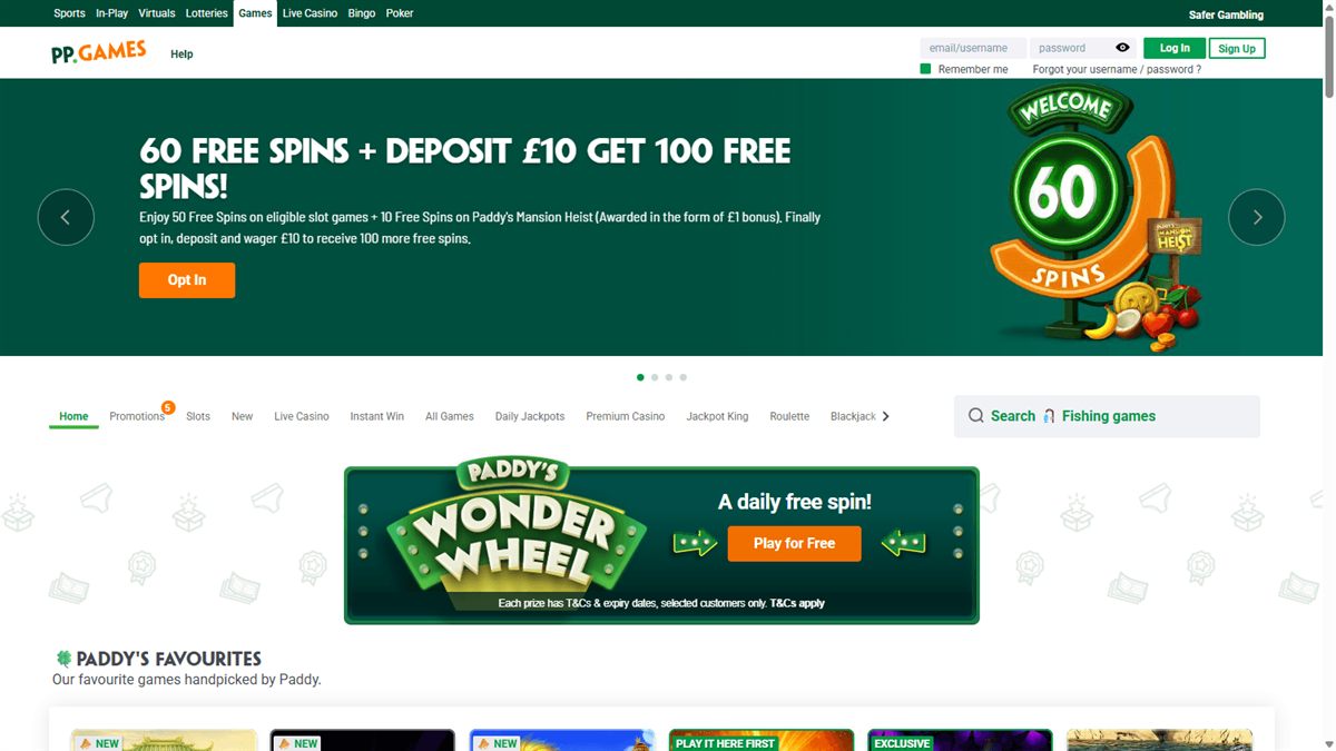 Paddy Power Games homepage with green branding, casino category links and game search