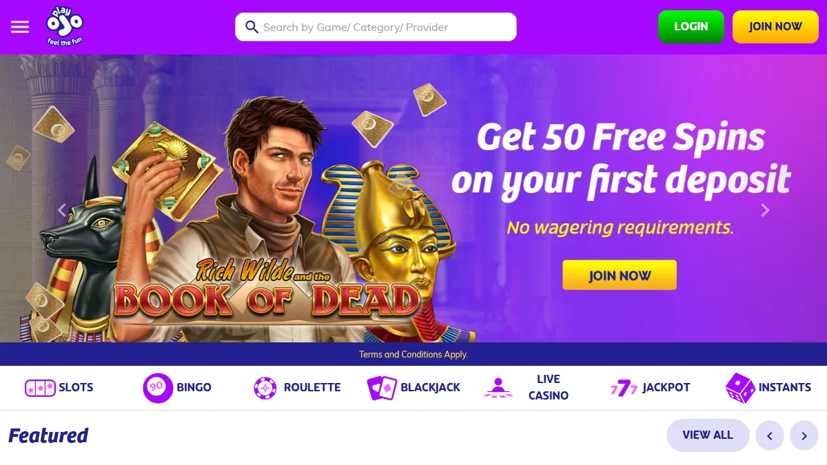 PlayOJO homepage showing its UK casino navigation, reward messaging and game lobby