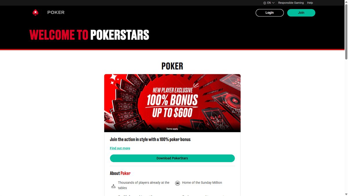PokerStars published homepage showing its black and red poker identity and poker entry point