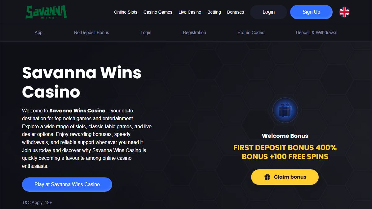 Savanna Wins public brand page showing its first deposit bonus and free spins