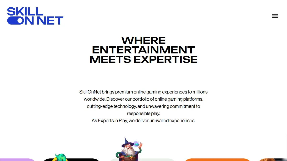 SkillOnNet corporate homepage describing its gaming technology, portfolio and partnerships