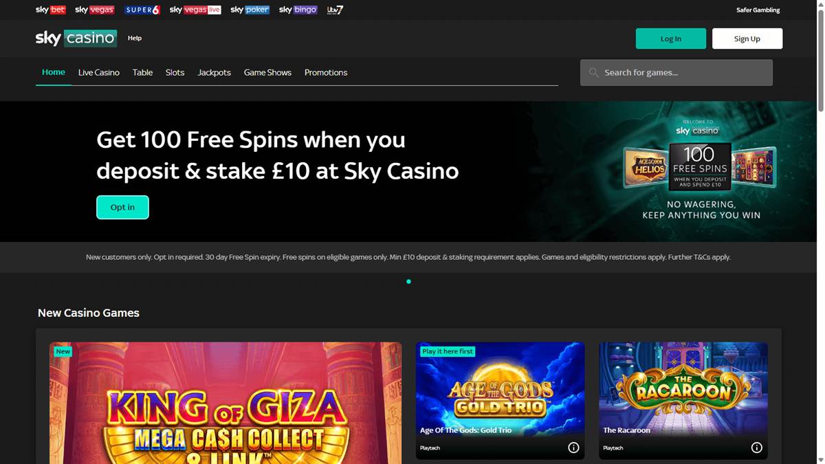 Sky Casino homepage with teal navigation, game search and live casino, table and slots categories