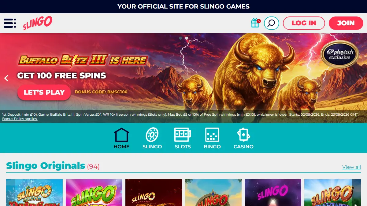 Slingo homepage showing Slingo games, slots and casino navigation