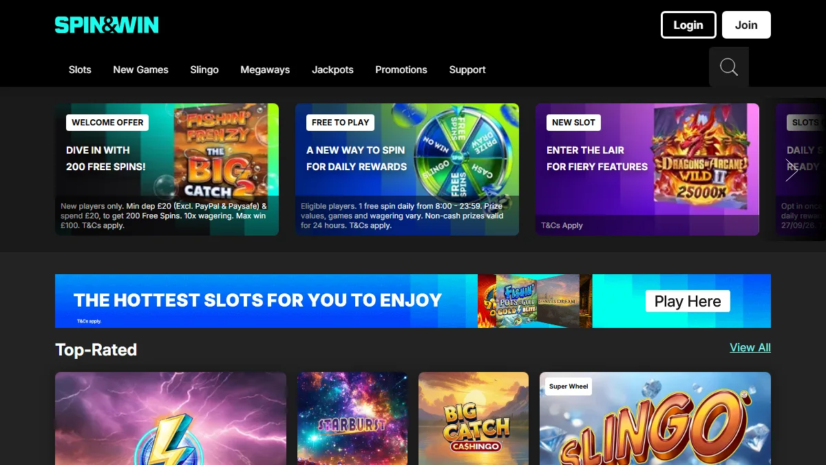 Spin and Win homepage showing casino promotions, Slingo navigation and top-rated slots