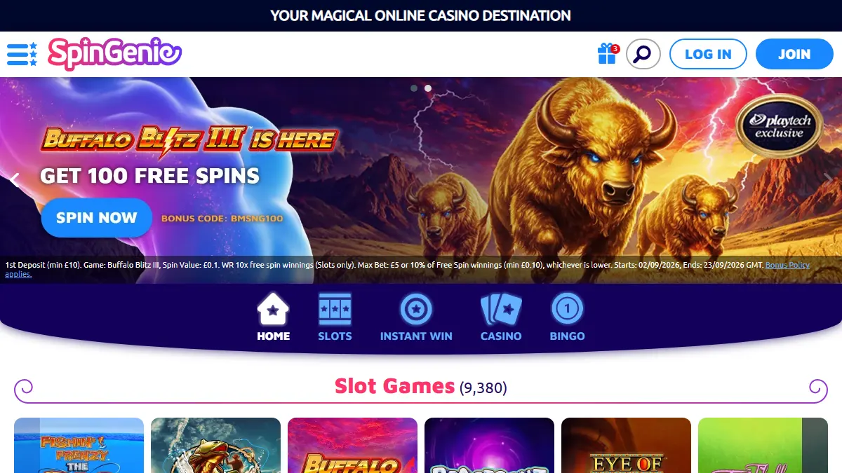 SpinGenie homepage showing online slots, casino categories and promotional content
