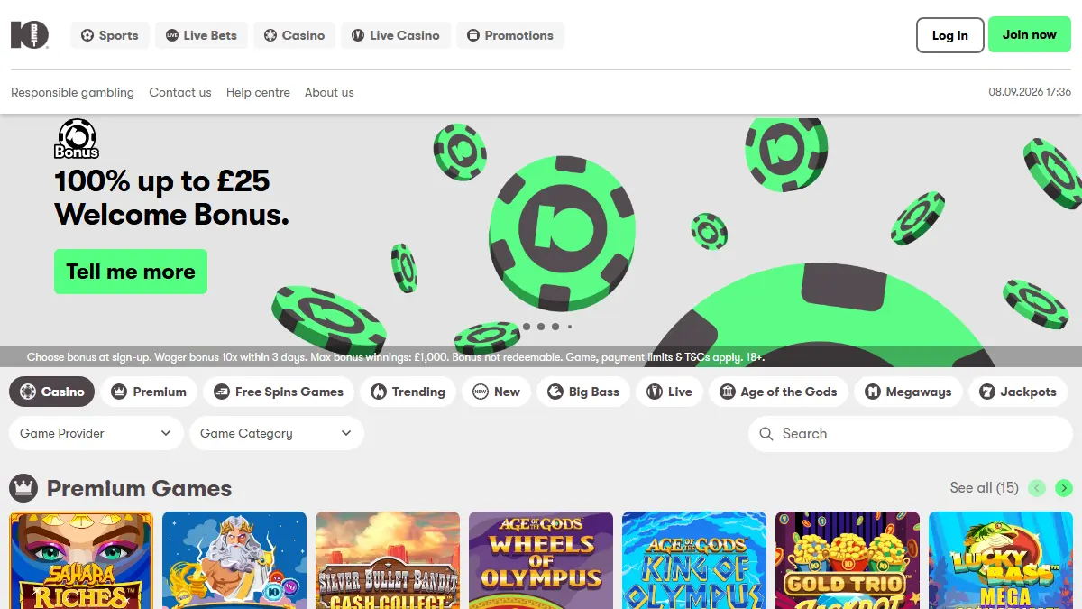 10bet casino lobby with provider and category filters, game search and green casino navigation