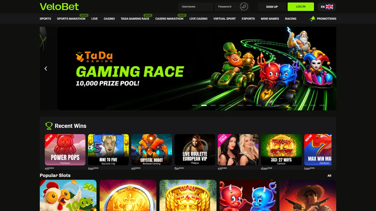 VeloBet homepage showing its navigation, featured promotion and casino games