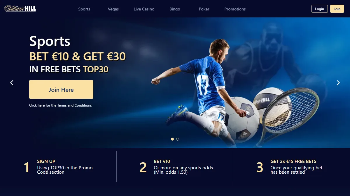 William Hill homepage showing its sports, Vegas and casino navigation