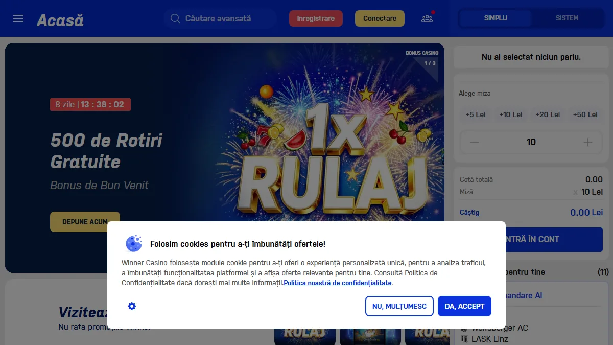 Winner homepage showing its Romanian sports and casino interface
