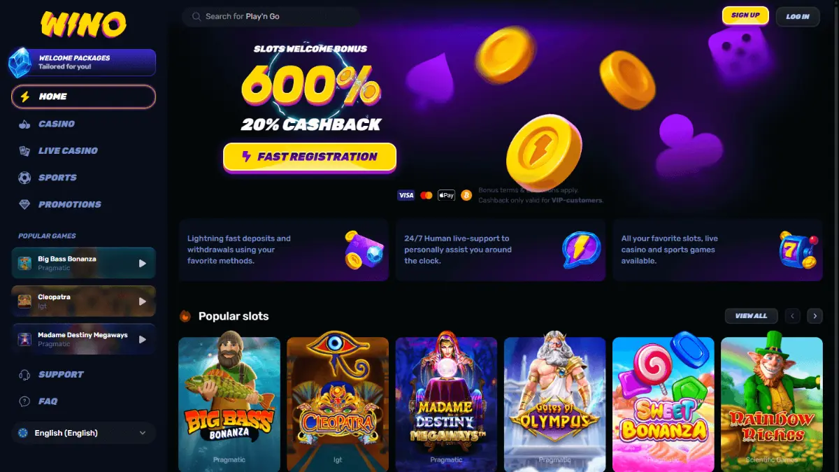 Wino Casino homepage showing purple casino navigation, sports access, a welcome panel and popular slots
