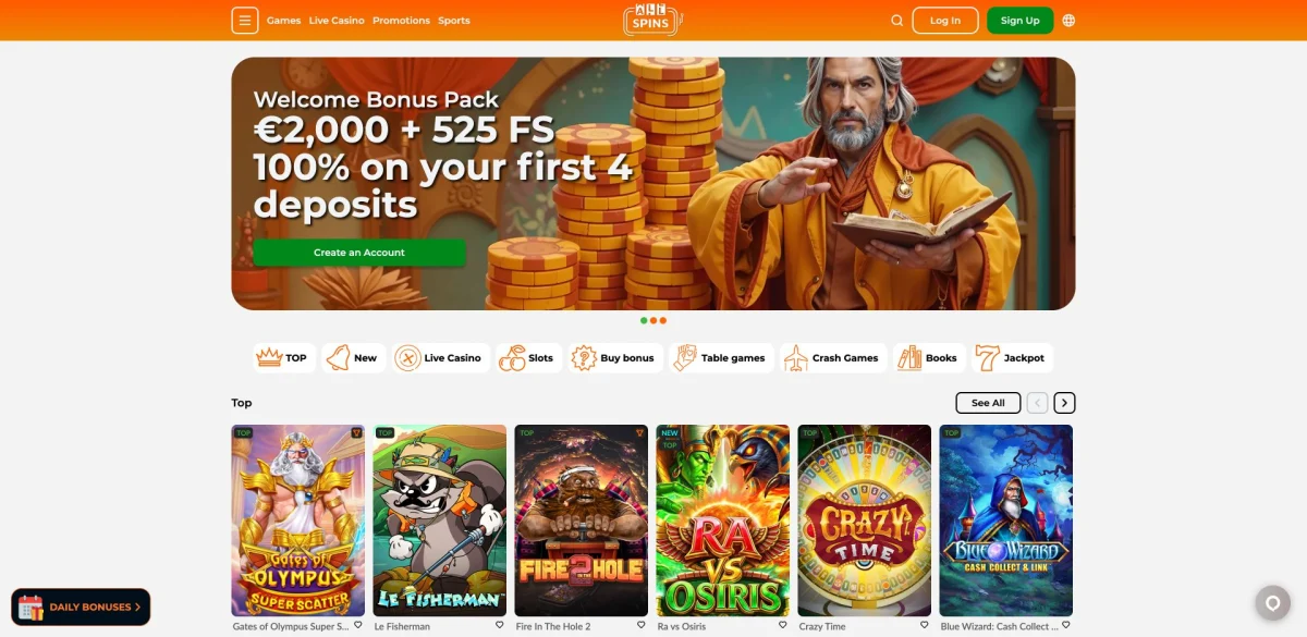 AllSpins homepage with orange navigation, white game rows and green buttons
