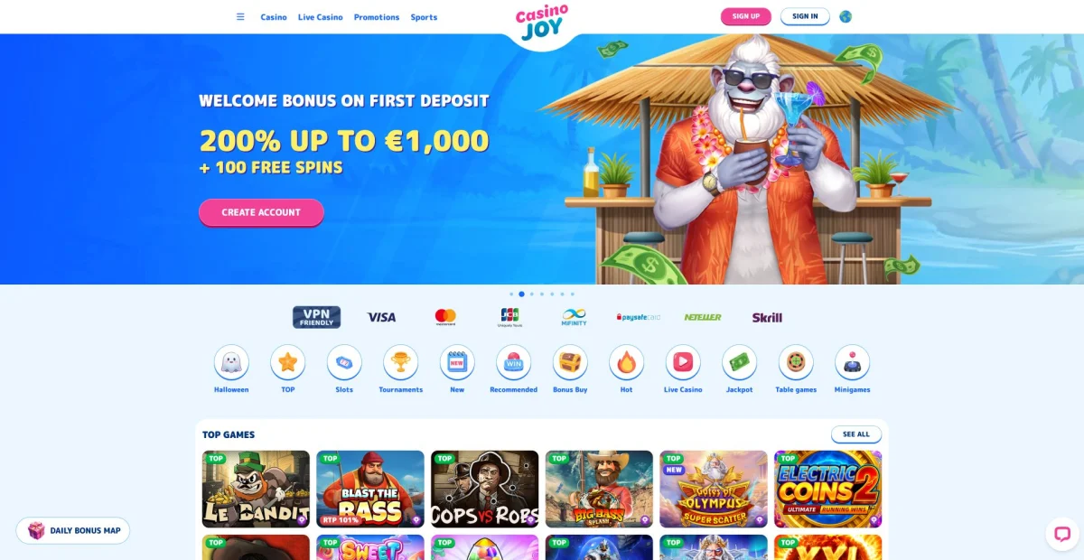 CasinoJoy homepage with light blue navigation and rows of casino games