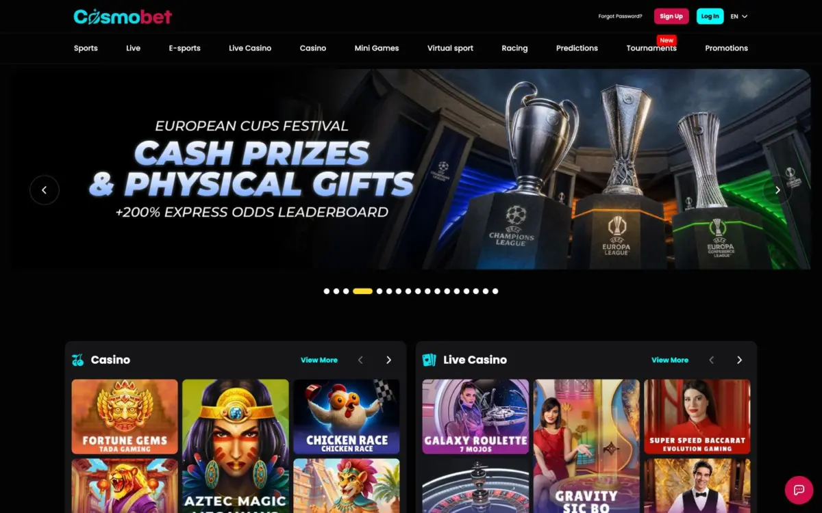 Cosmobet homepage with casino and live casino panels beneath its main navigation