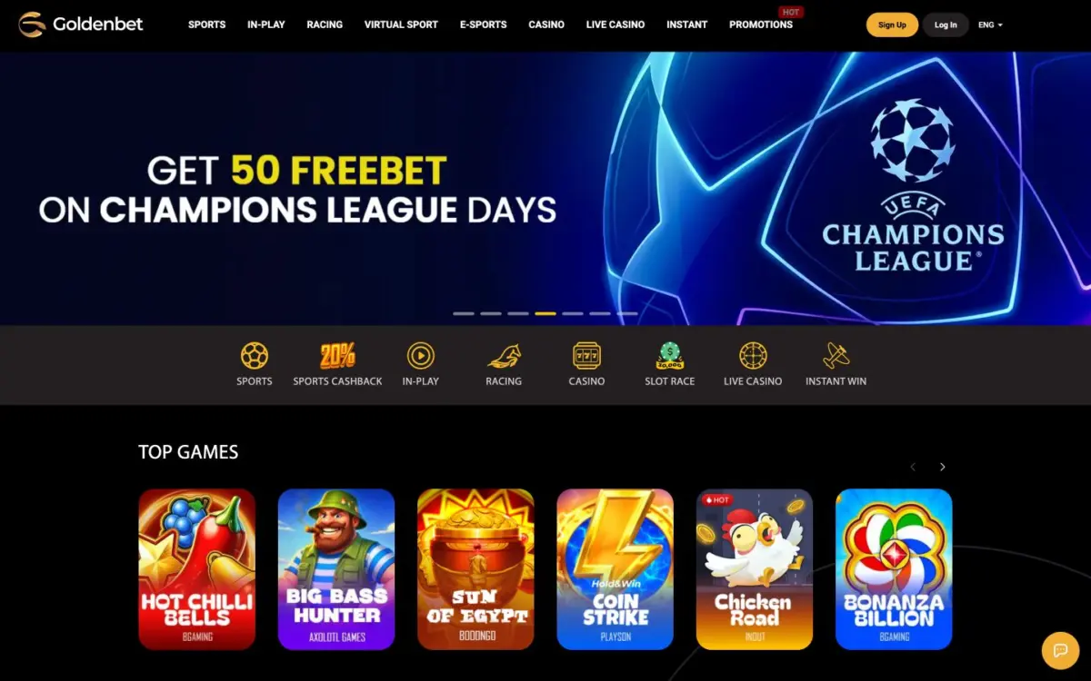 Goldenbet homepage with sports navigation, a product shortcut strip and top games