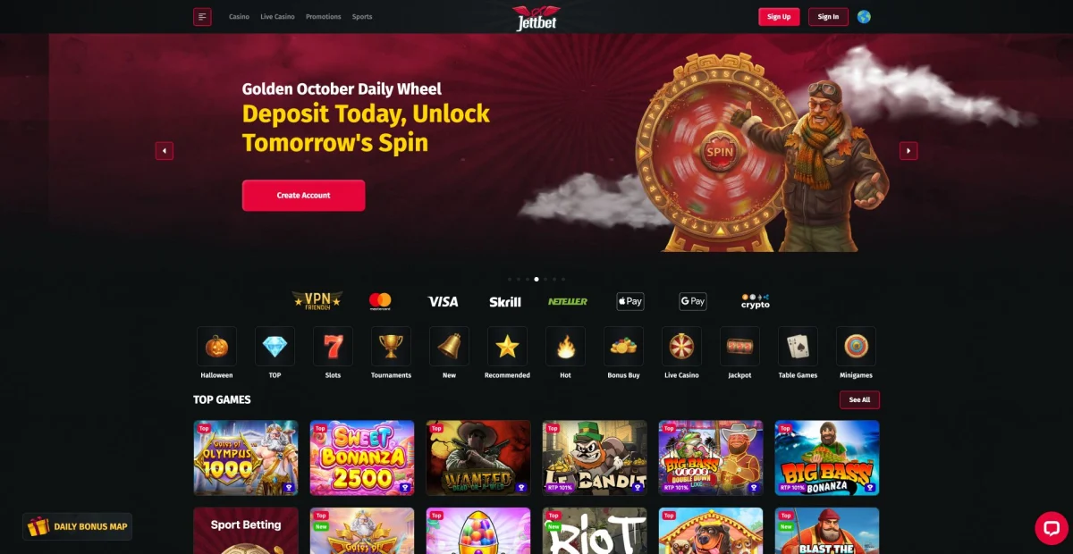 JettBet homepage with dark navigation and casino game categories