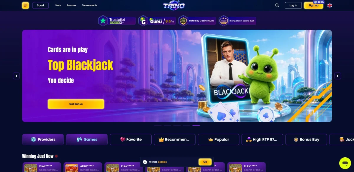 Trino Casino homepage with blue panels, yellow accents and category shortcuts