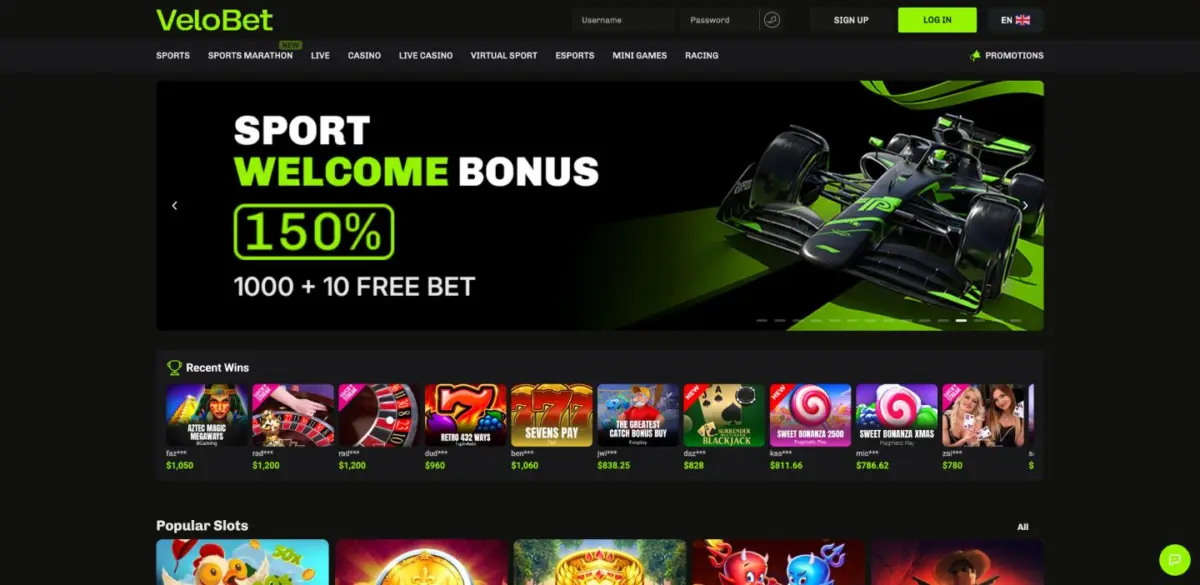 VeloBet homepage with green branding, a horizontal product menu and slot game rows