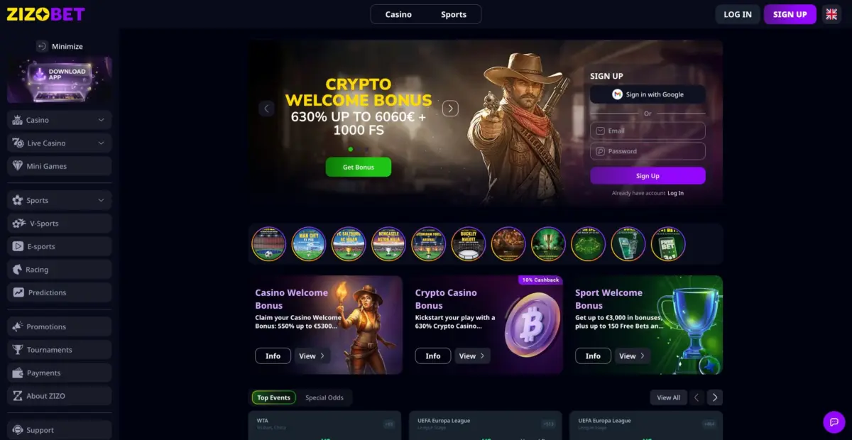 Zizobet homepage with a left-hand casino and sports menu and purple promotional panels